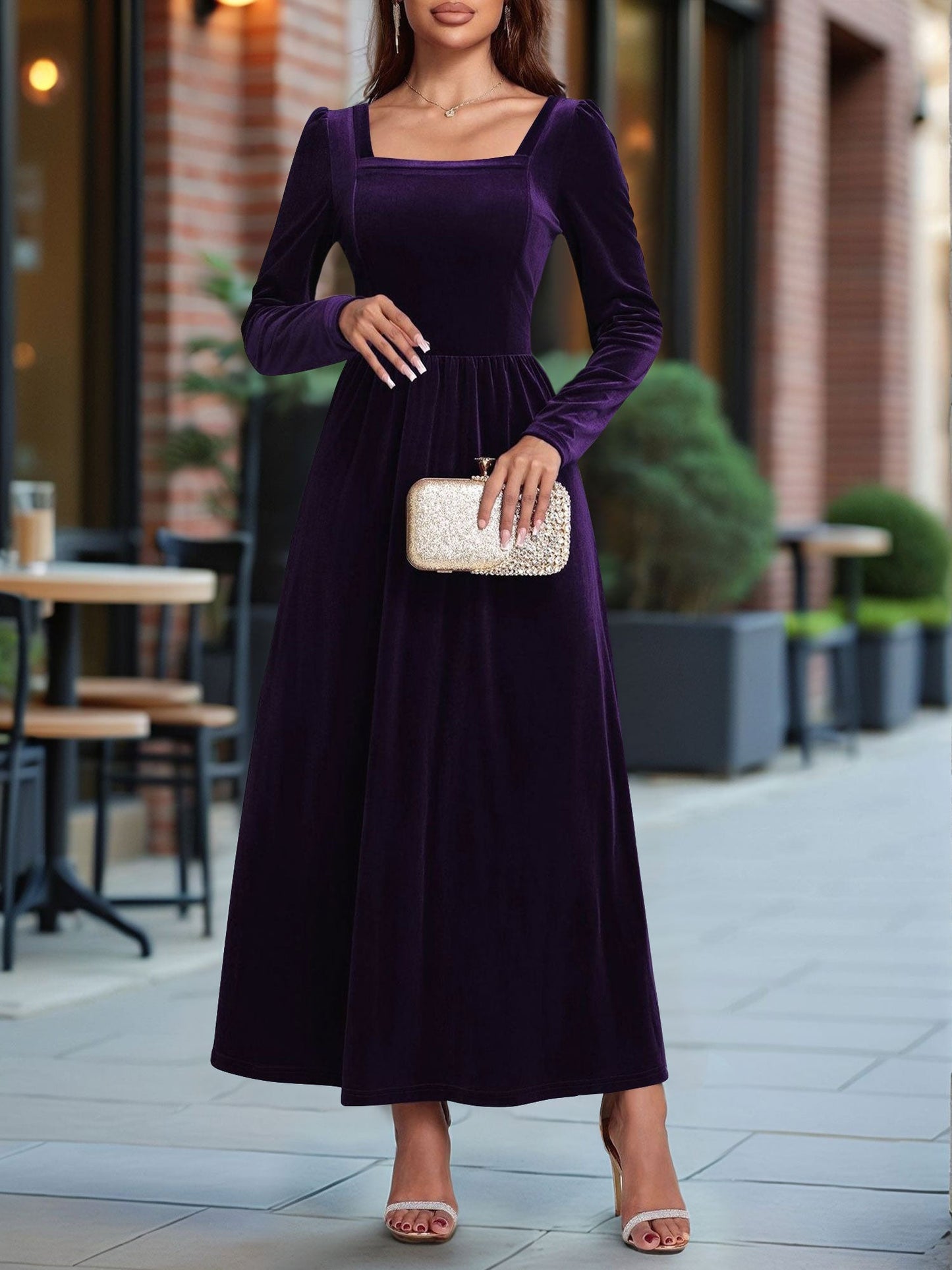 Velvet Backless Square Neck Long Sleeves A-Line Maxi Dress