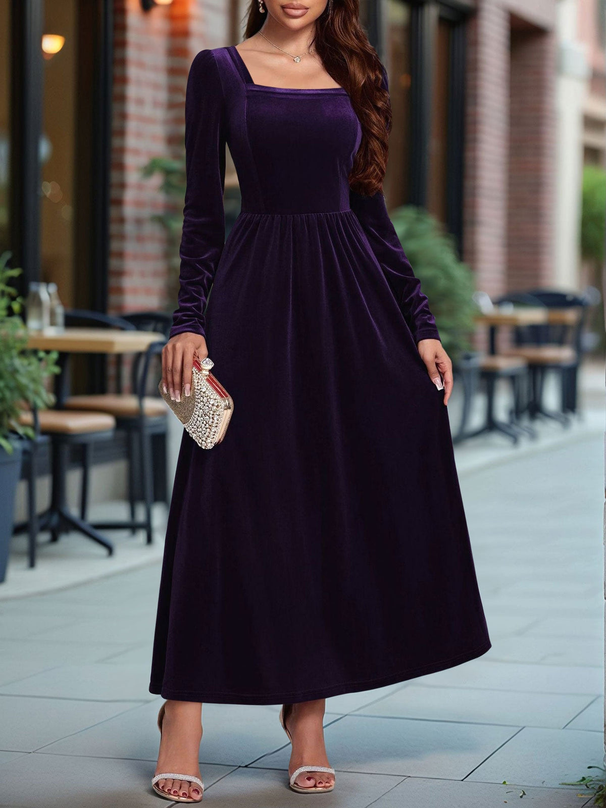Velvet Backless Square Neck Long Sleeves A-Line Maxi Dress