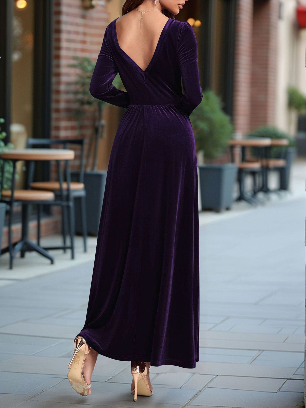 Velvet Backless Square Neck Long Sleeves A-Line Maxi Dress