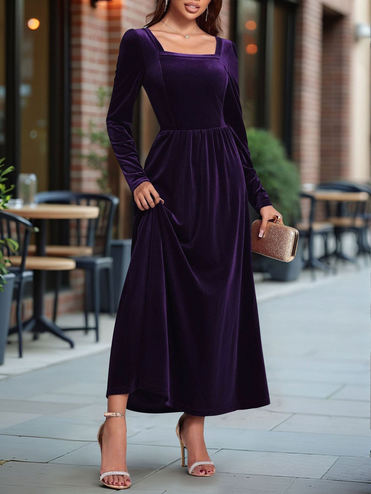 Velvet Backless Square Neck Long Sleeves A-Line Maxi Dress