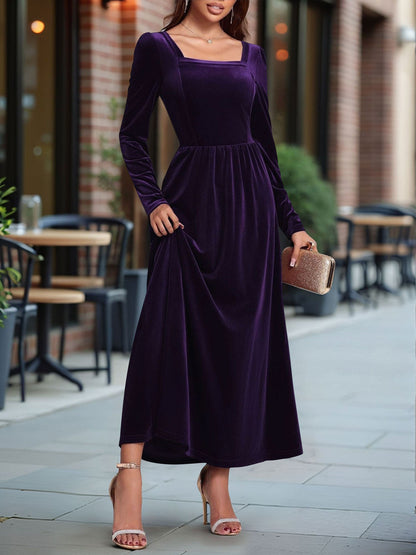 Velvet Backless Square Neck Long Sleeves A-Line Maxi Dress