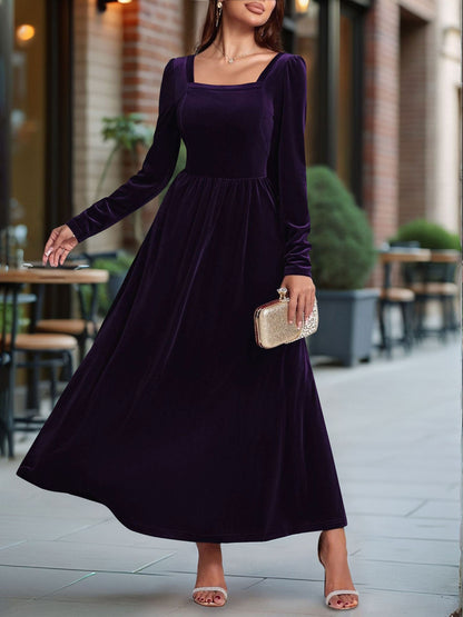 Velvet Backless Square Neck Long Sleeves A-Line Maxi Dress