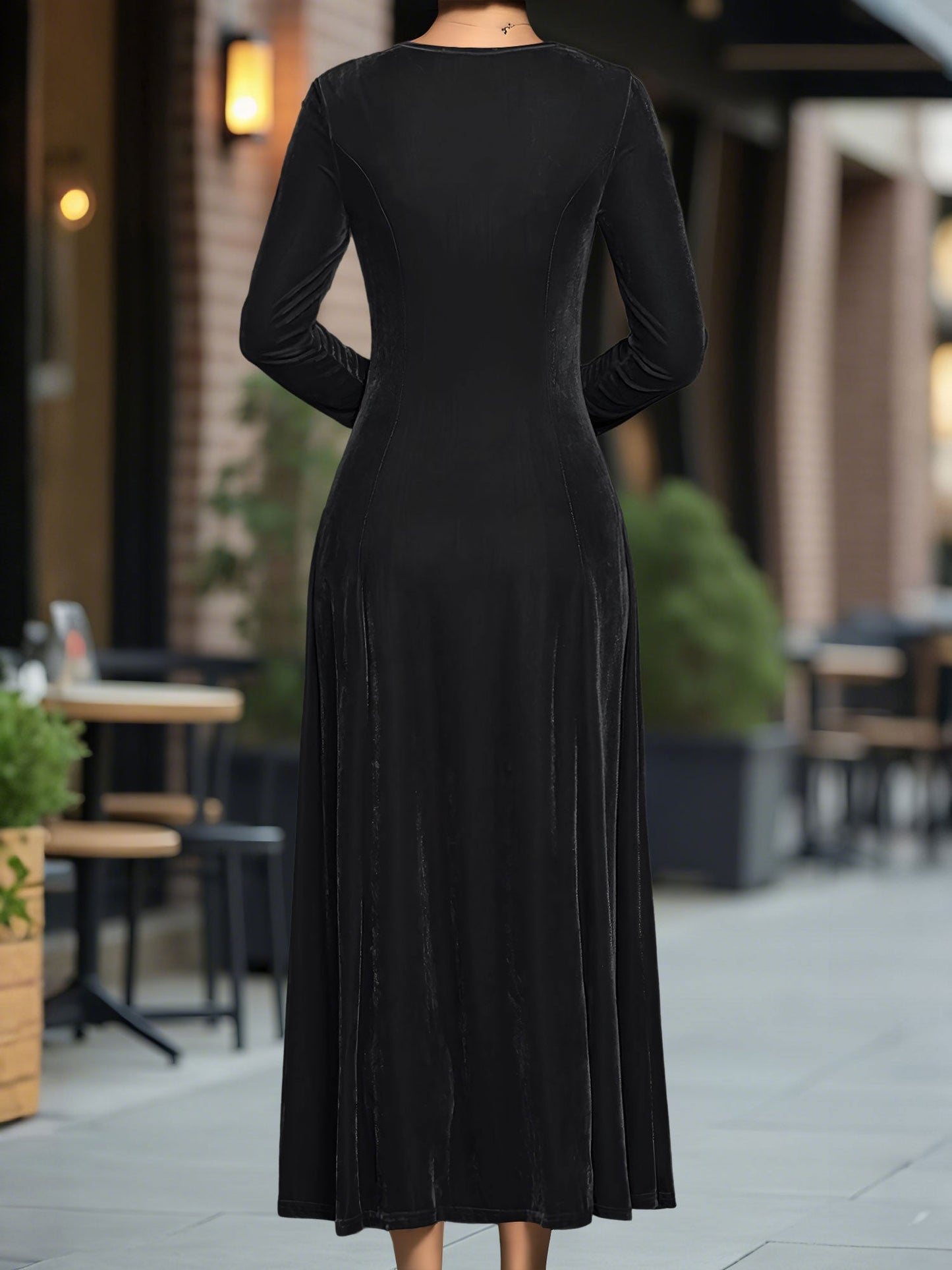 Round Neck Long Sleeves Maxi Velvet Dress