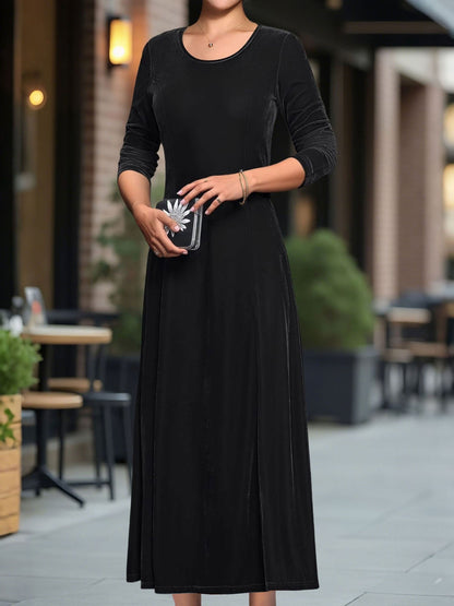 Round Neck Long Sleeves Maxi Velvet Dress