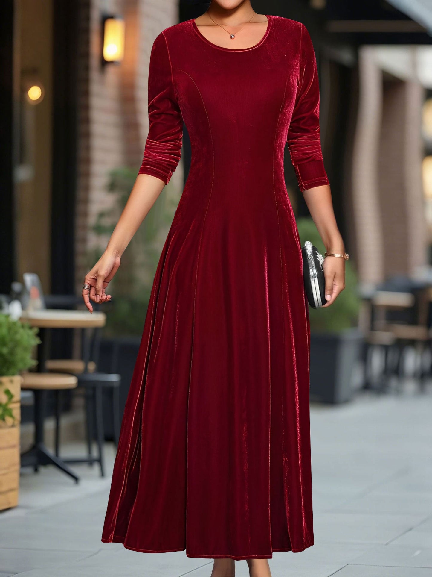 Round Neck Long Sleeves Maxi Velvet Dress