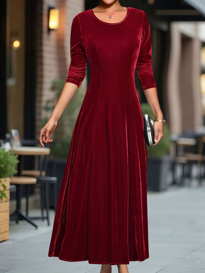 Round Neck Long Sleeves Maxi Velvet Dress