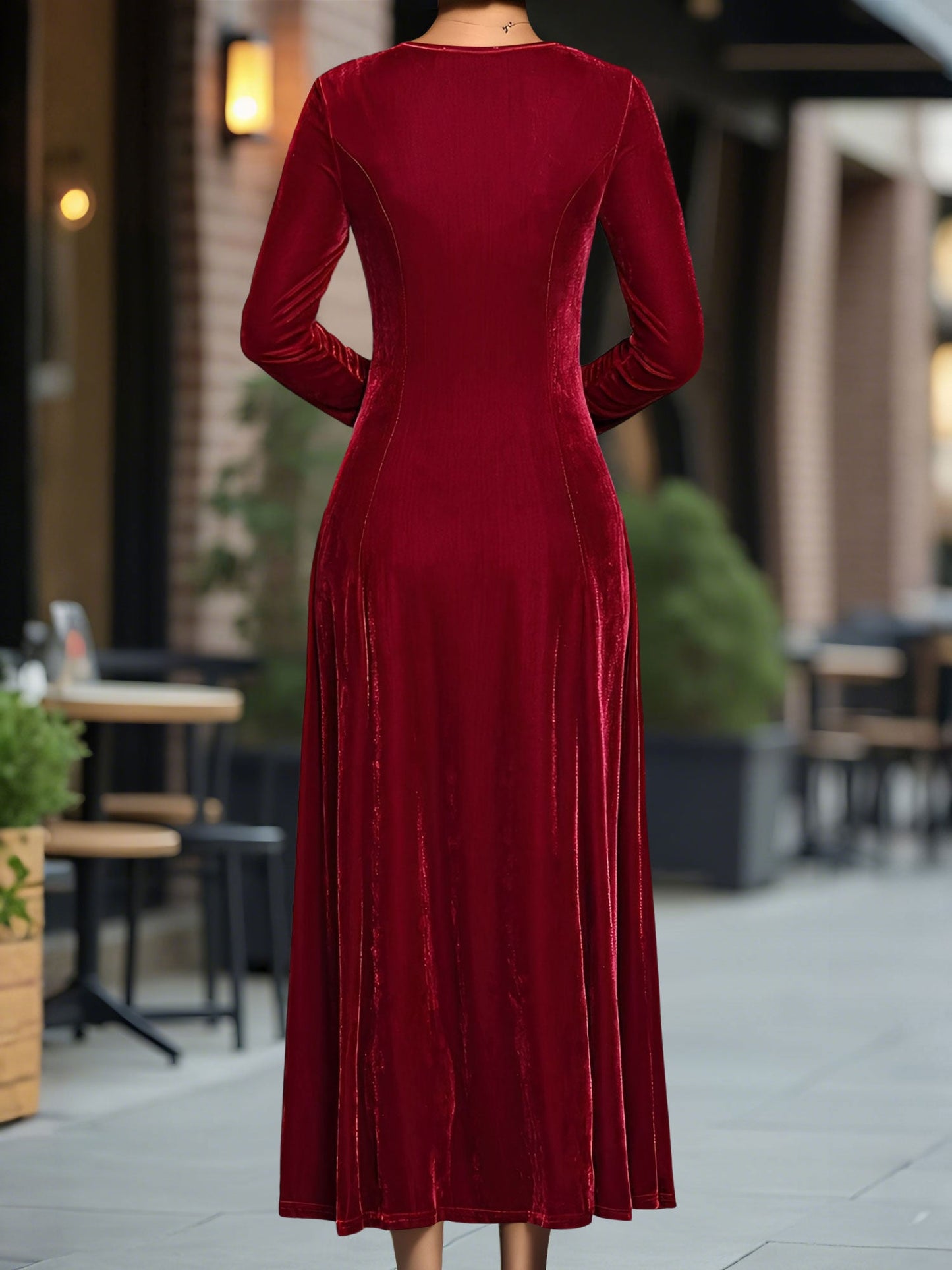 Round Neck Long Sleeves Maxi Velvet Dress