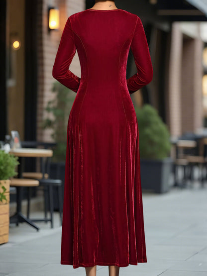 Round Neck Long Sleeves Maxi Velvet Dress