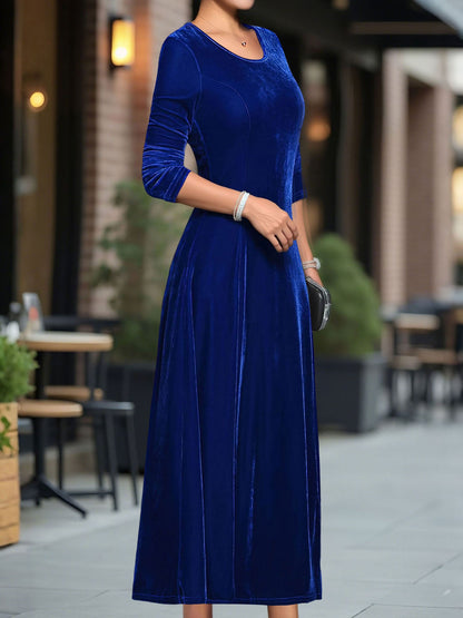 Round Neck Long Sleeves Maxi Velvet Dress