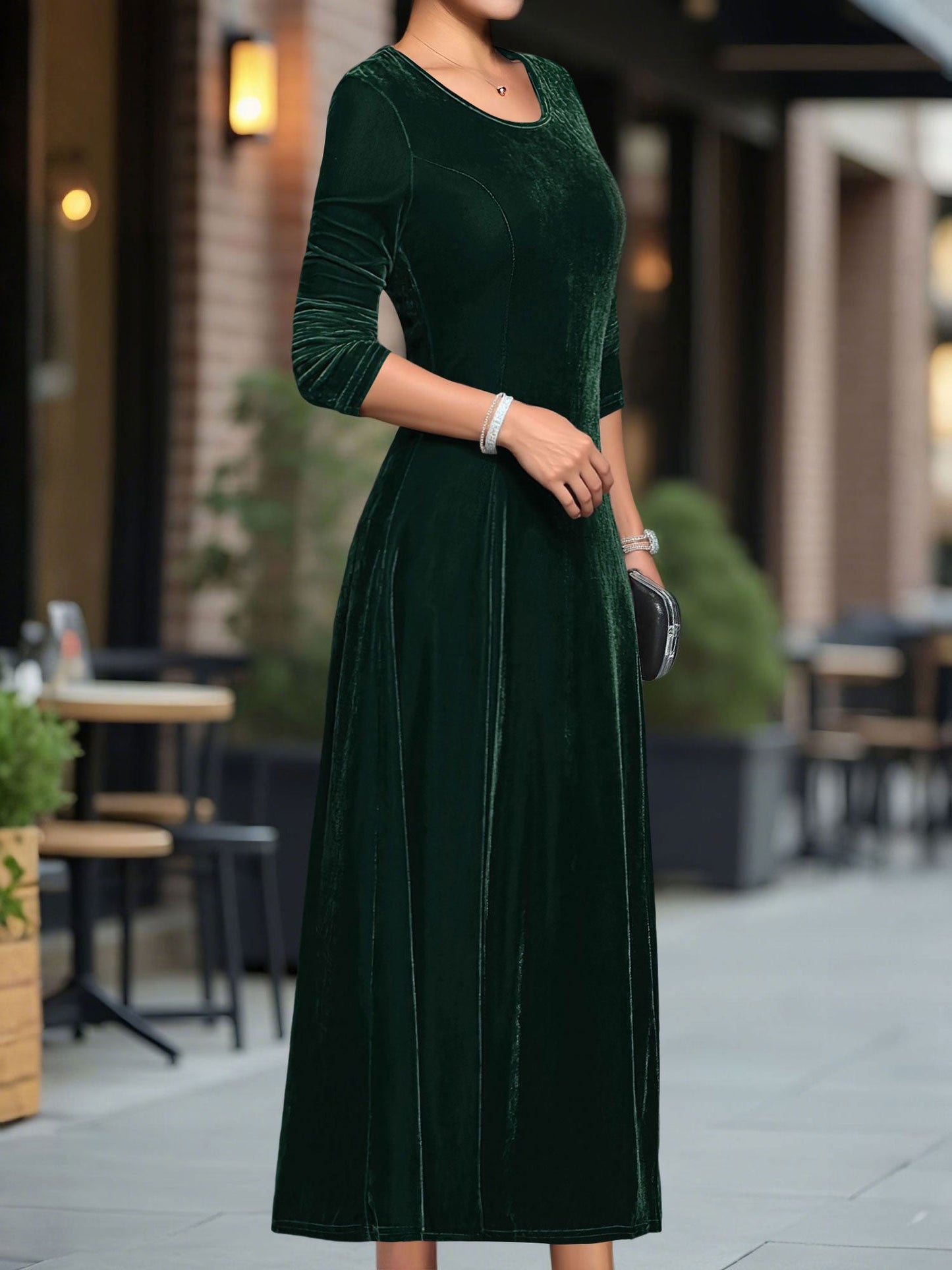 Round Neck Long Sleeves Maxi Velvet Dress