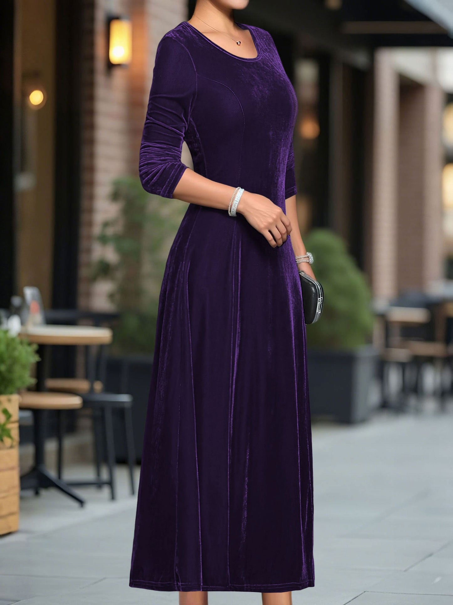 Round Neck Long Sleeves Maxi Velvet Dress