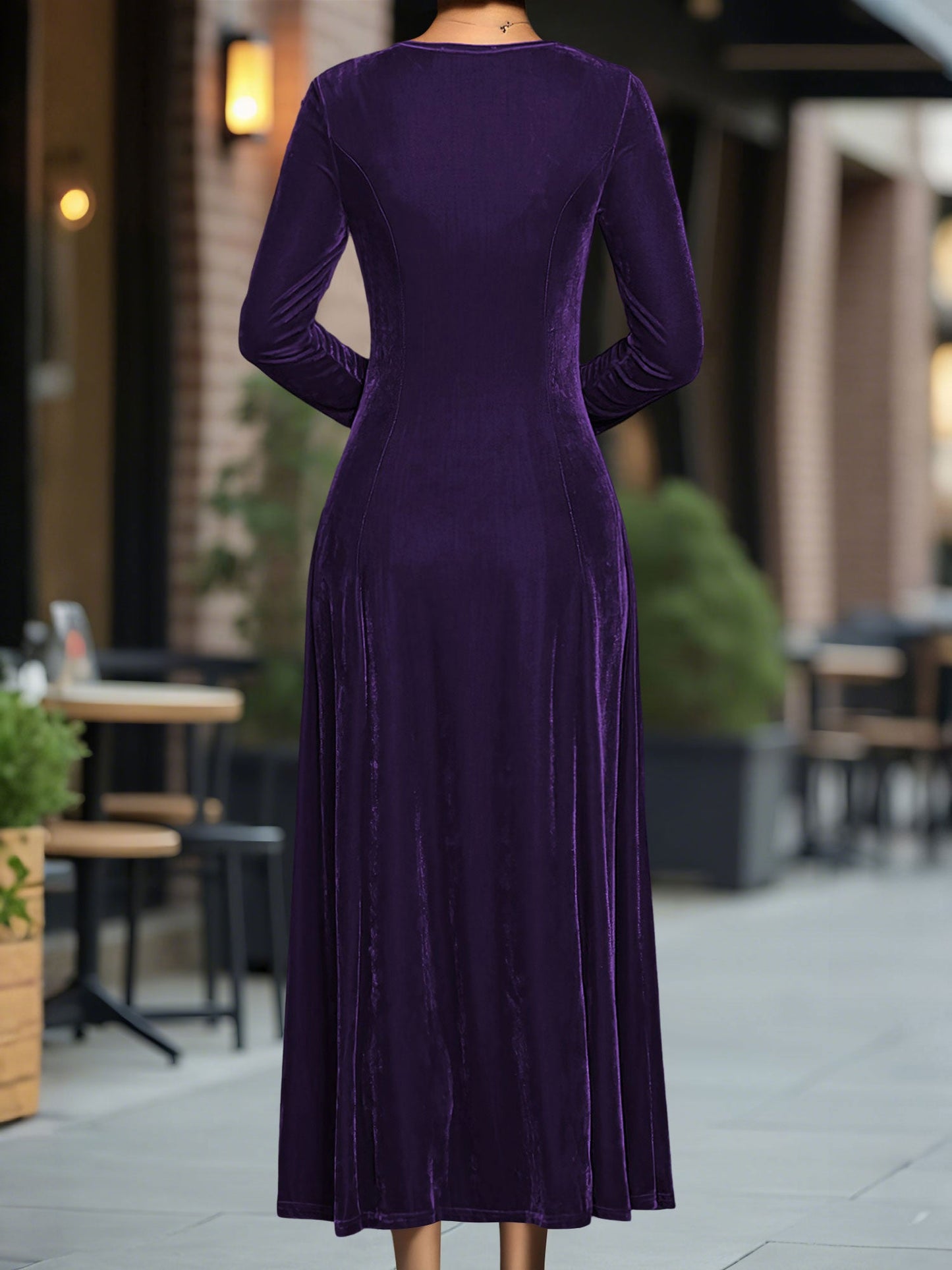 Round Neck Long Sleeves Maxi Velvet Dress