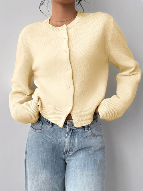 Round Neck Solid Color Long Sleeves Knitted Cardigans