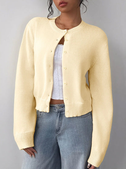 Round Neck Solid Color Long Sleeves Knitted Cardigans