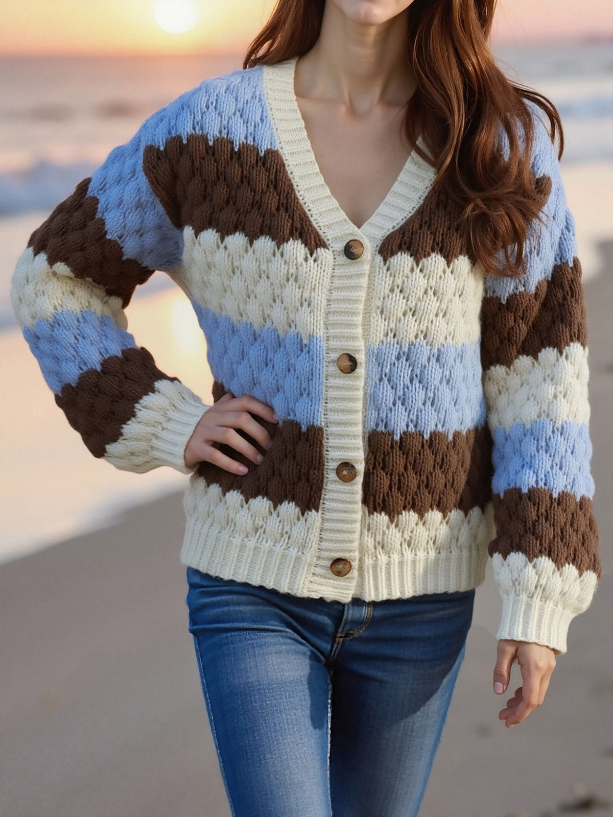 Colorblock Striped Long Sleeves Knitted Casual Cardigans