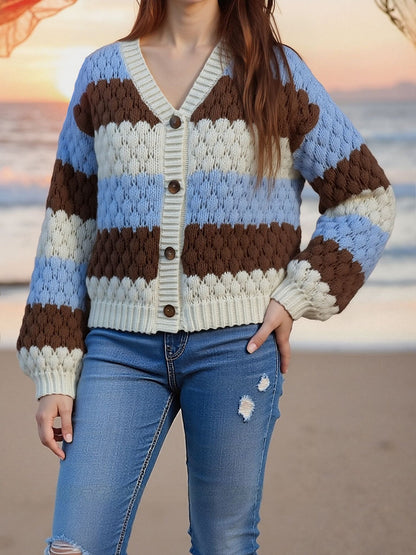 Colorblock Striped Long Sleeves Knitted Casual Cardigans