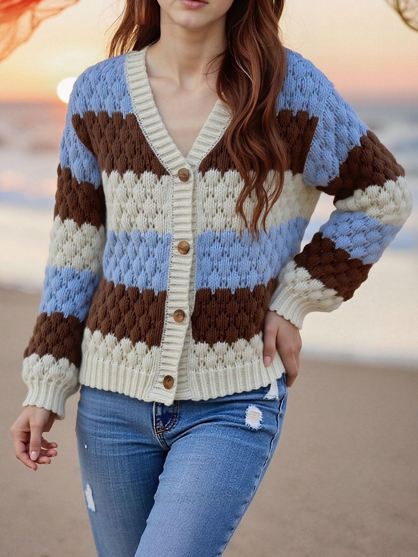 Colorblock Striped Long Sleeves Knitted Casual Cardigans