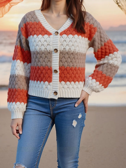 Colorblock Striped Long Sleeves Knitted Casual Cardigans