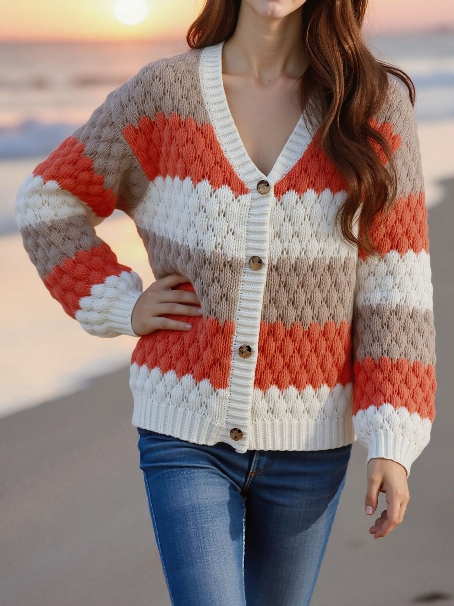 Colorblock Striped Long Sleeves Knitted Casual Cardigans