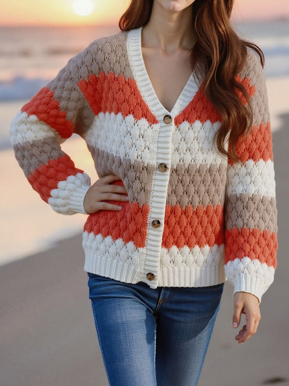 Colorblock Striped Long Sleeves Knitted Casual Cardigans