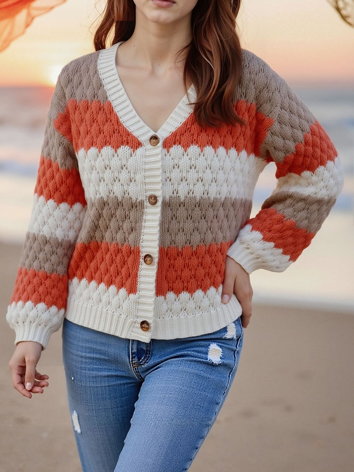Colorblock Striped Long Sleeves Knitted Casual Cardigans