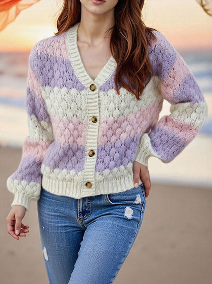 Colorblock Striped Long Sleeves Knitted Casual Cardigans