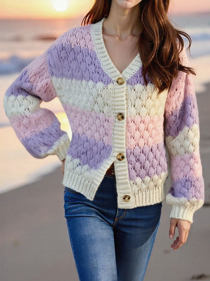 Colorblock Striped Long Sleeves Knitted Casual Cardigans