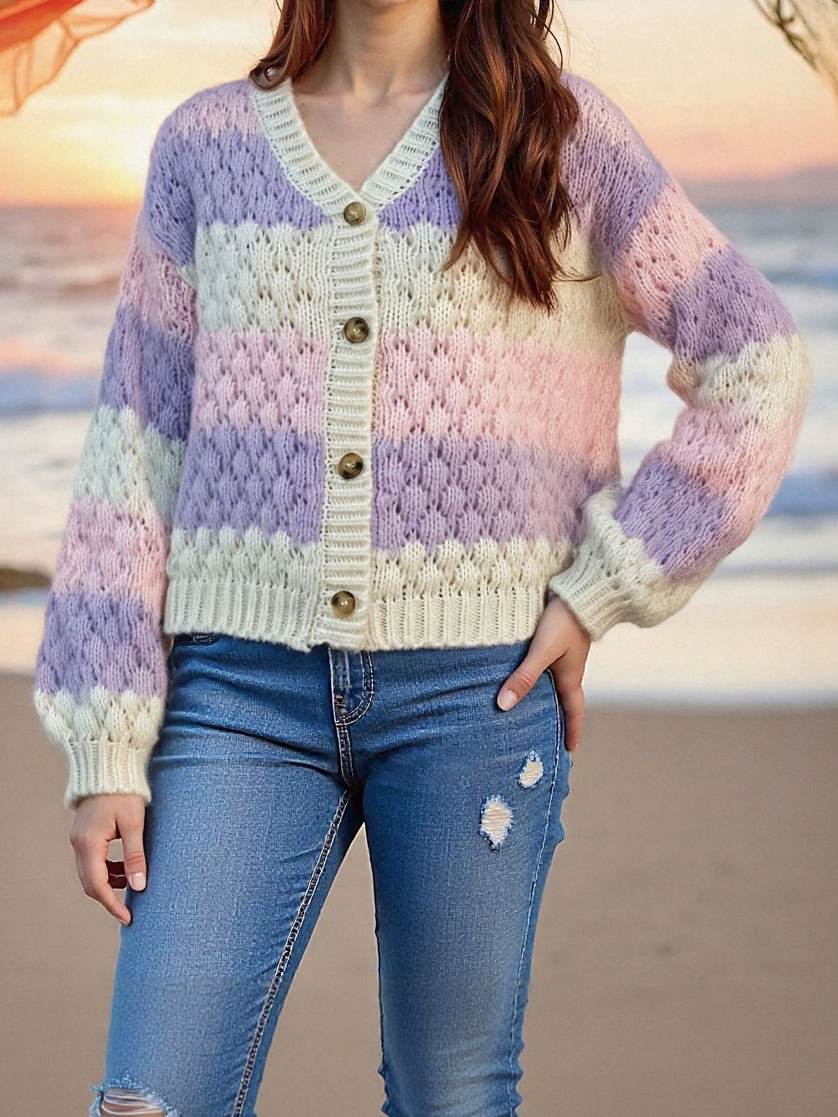 Colorblock Striped Long Sleeves Knitted Casual Cardigans
