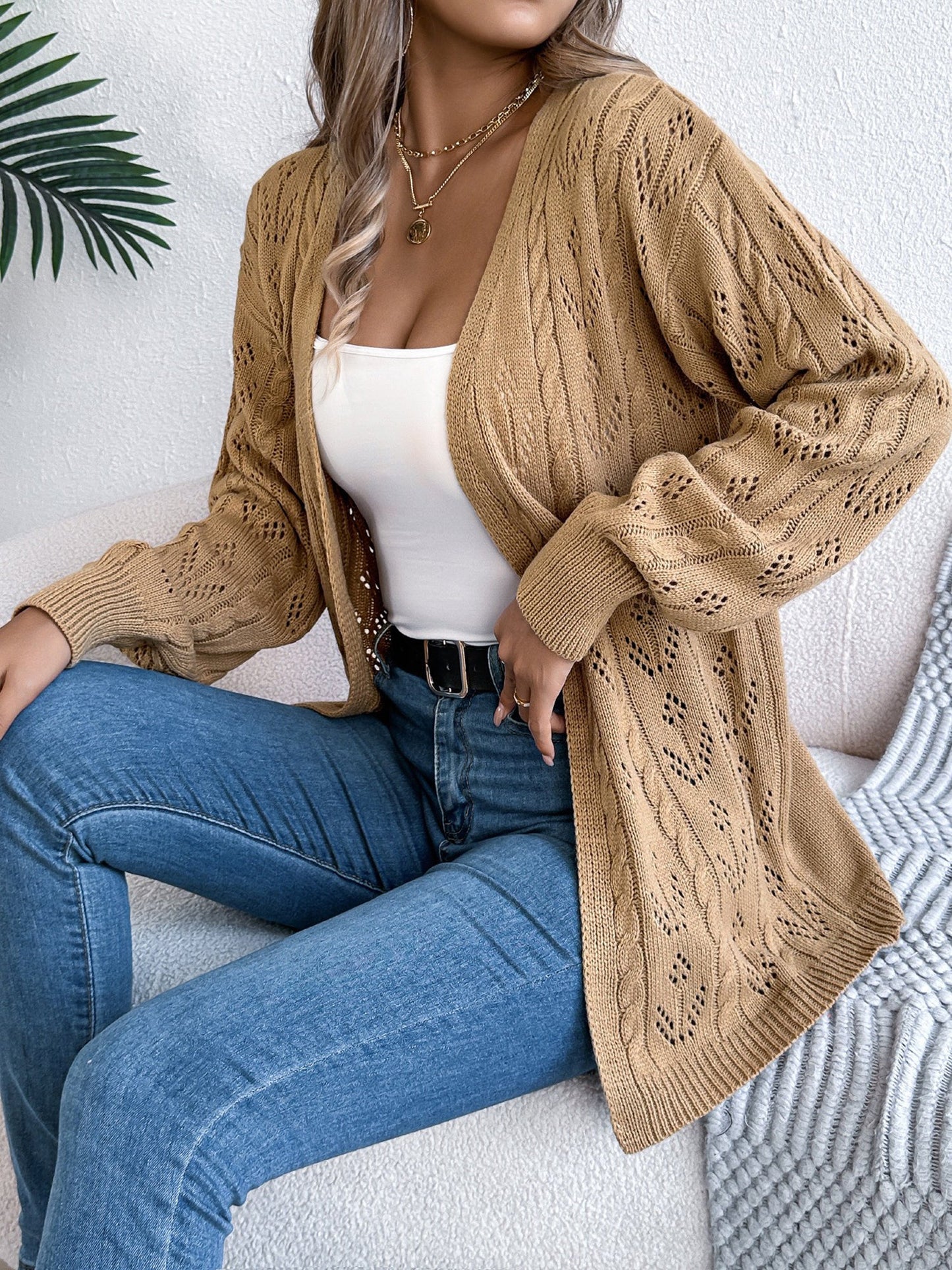 Casual Solid Color Hollow Long Sleeves Cardigan
