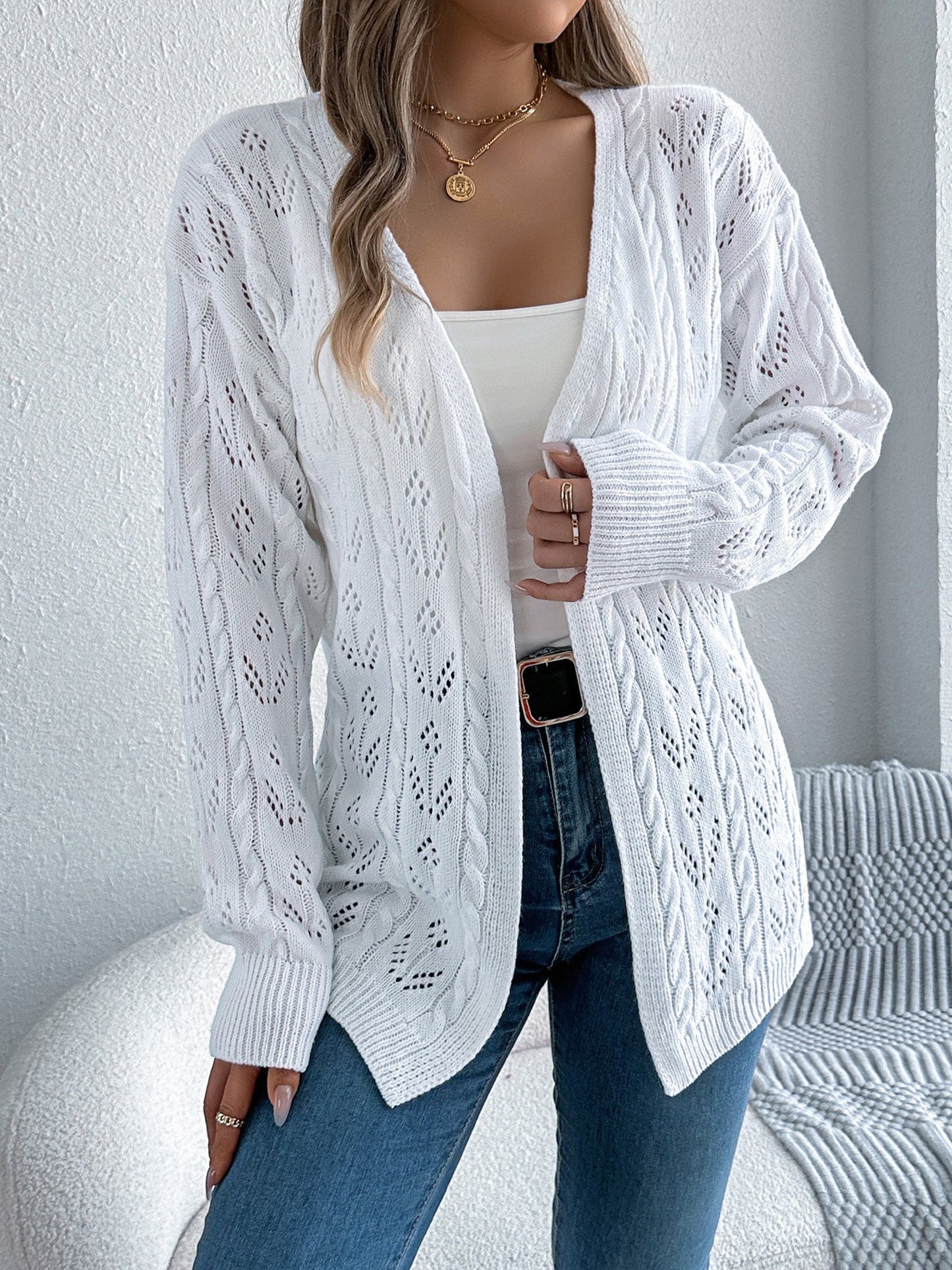 Casual Solid Color Hollow Long Sleeves Cardigan