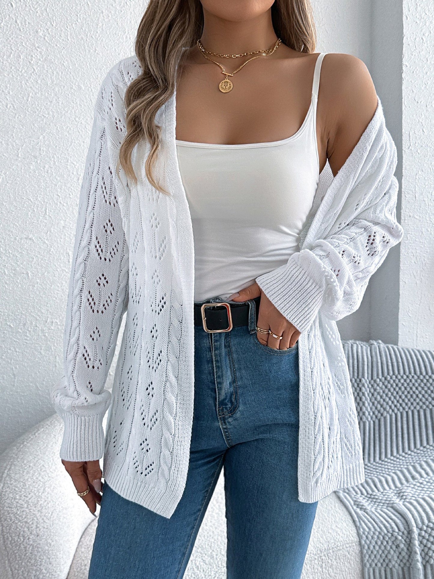 Casual Solid Color Hollow Long Sleeves Cardigan