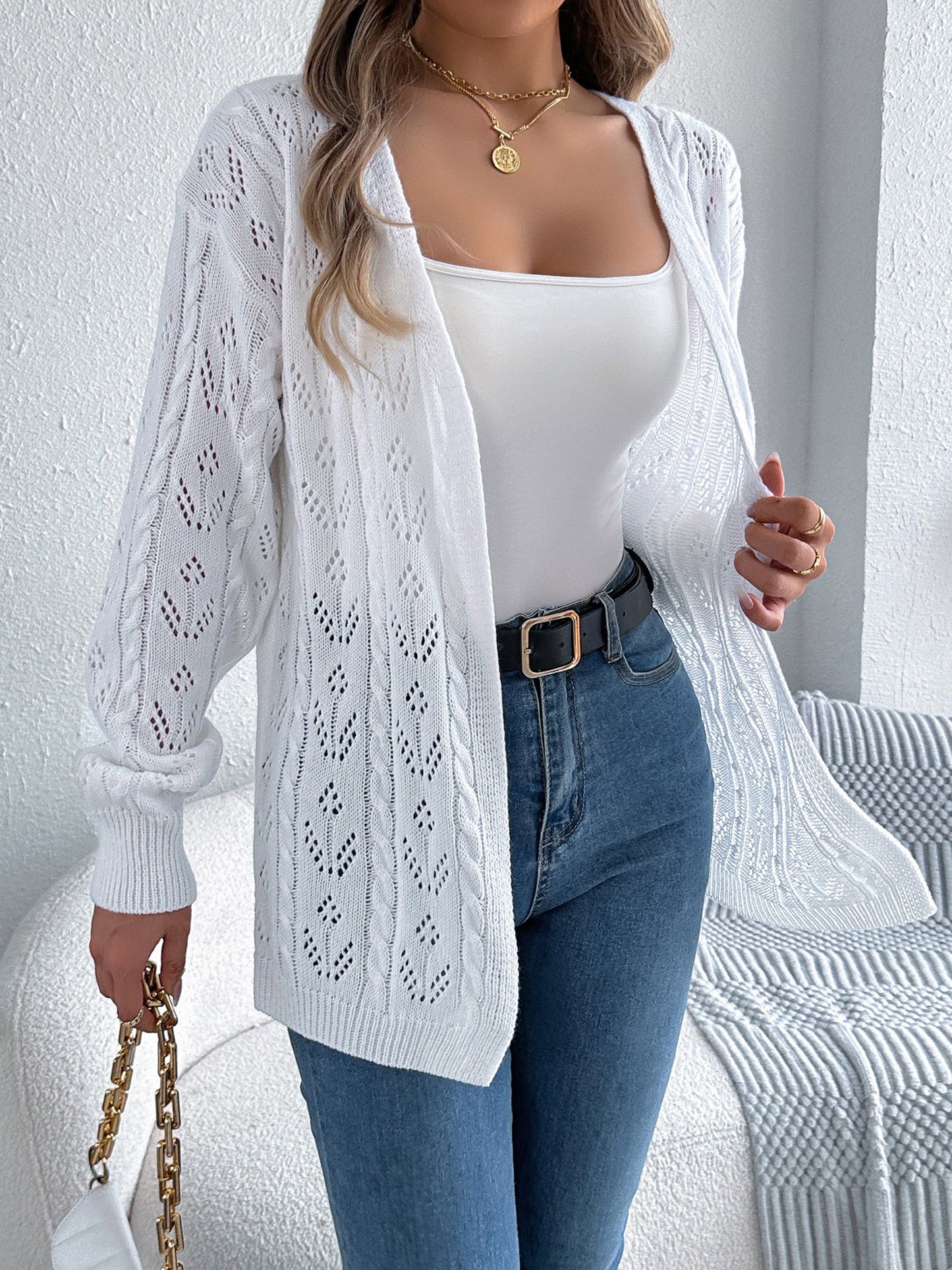 Casual Solid Color Hollow Long Sleeves Cardigan