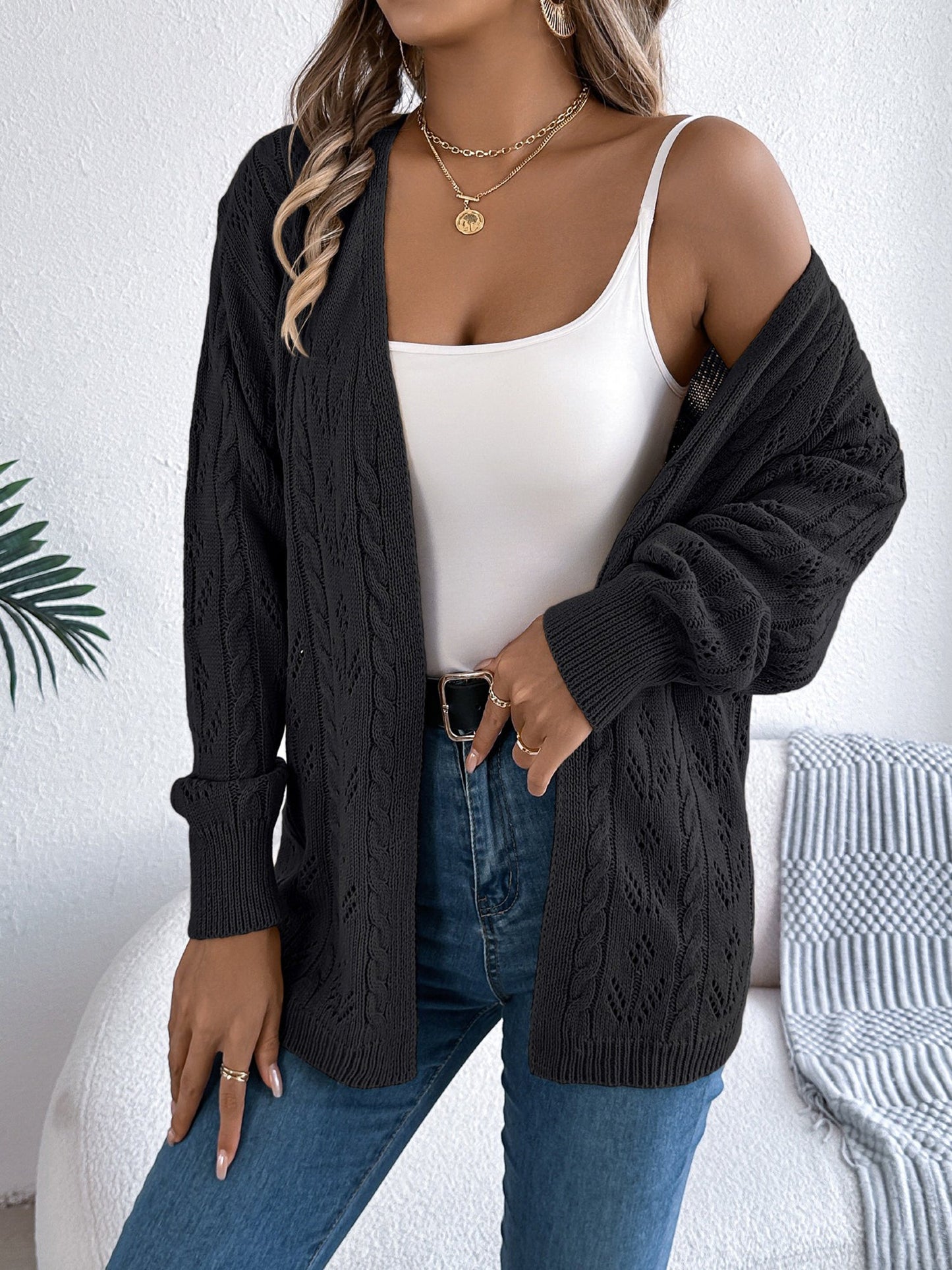 Casual Solid Color Hollow Long Sleeves Cardigan