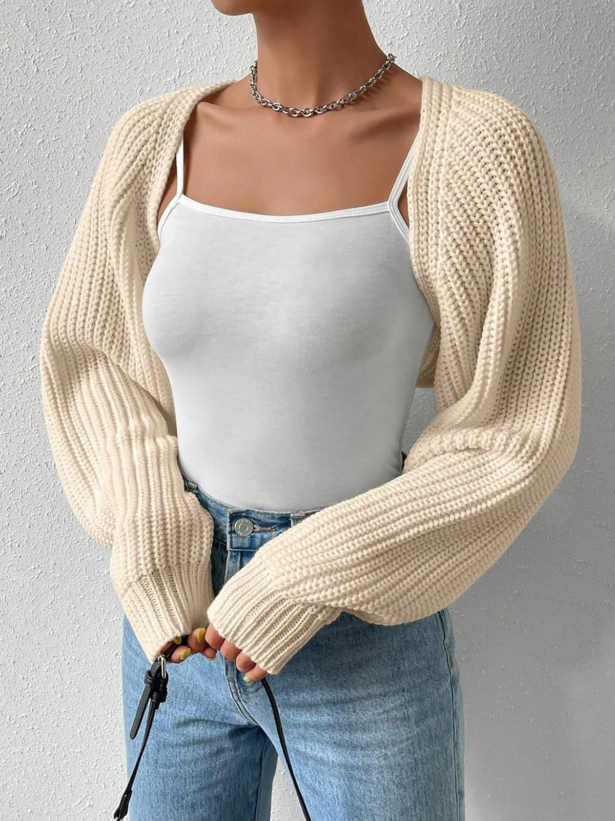 Ribbed Knit Open Front Long Sleeves Cardigan Shrugs