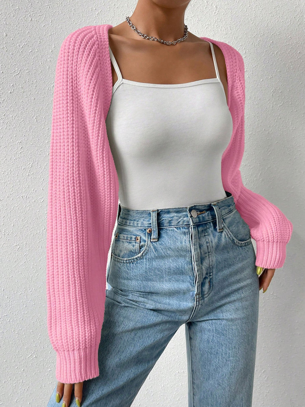 Ribbed Knit Open Front Long Sleeves Cardigan Shrugs