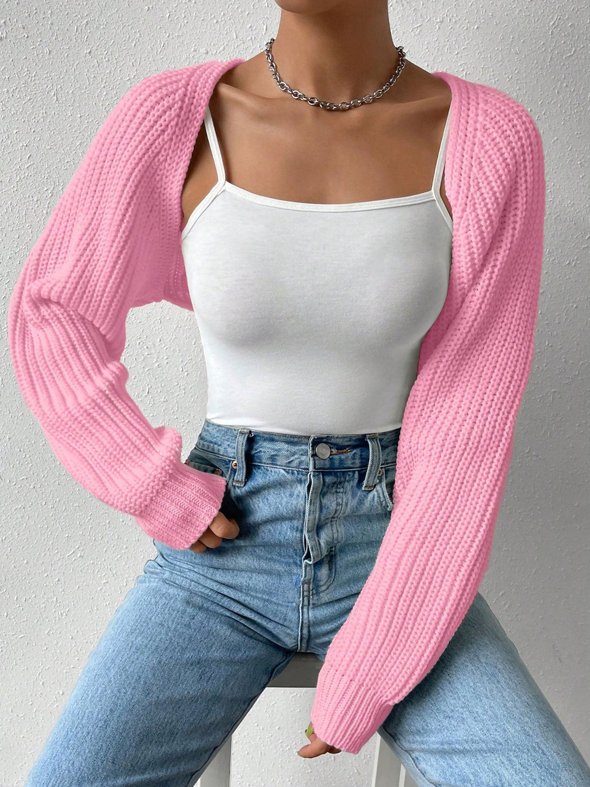 Ribbed Knit Open Front Long Sleeves Cardigan Shrugs