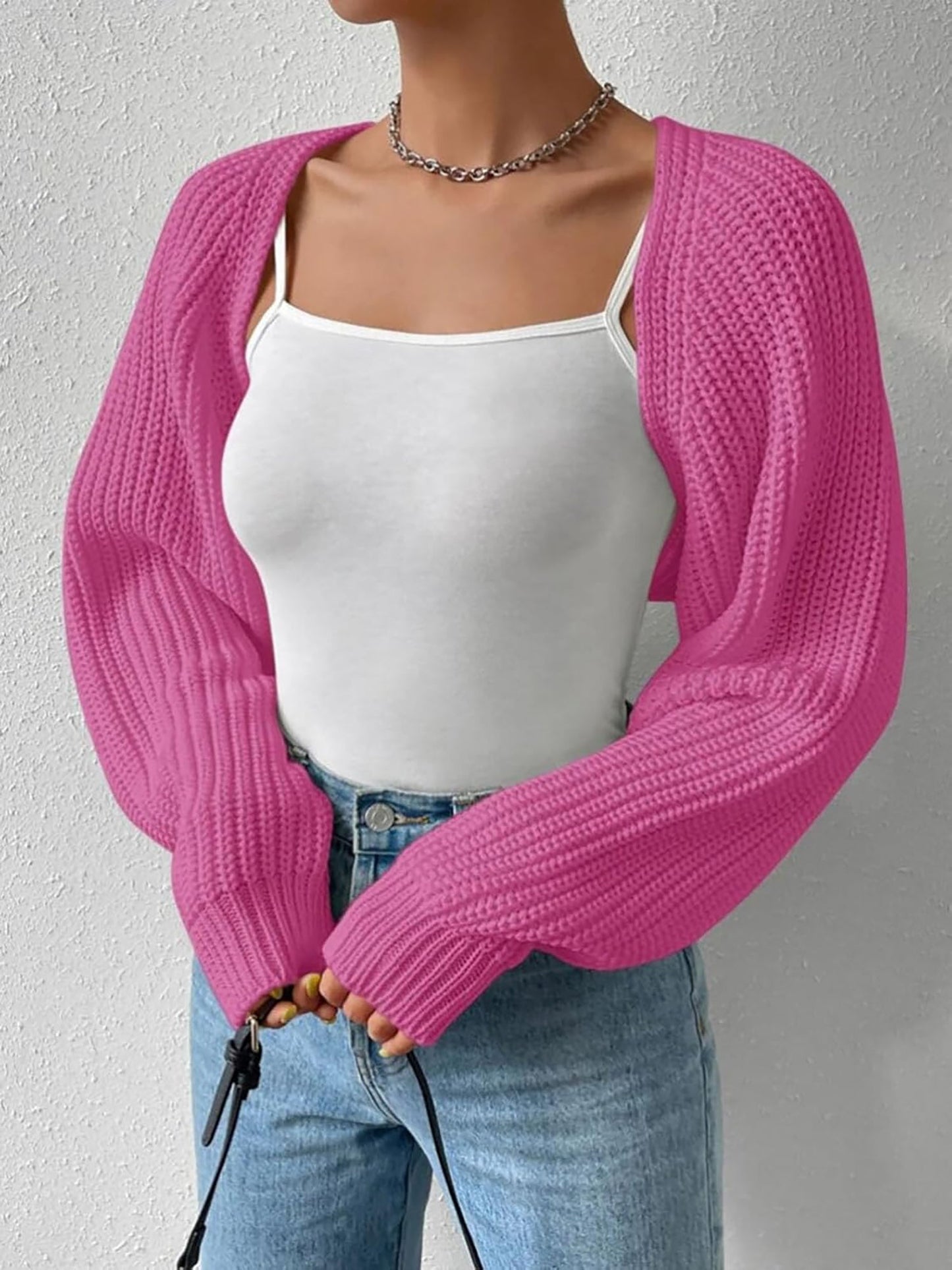 Ribbed Knit Open Front Long Sleeves Cardigan Shrugs
