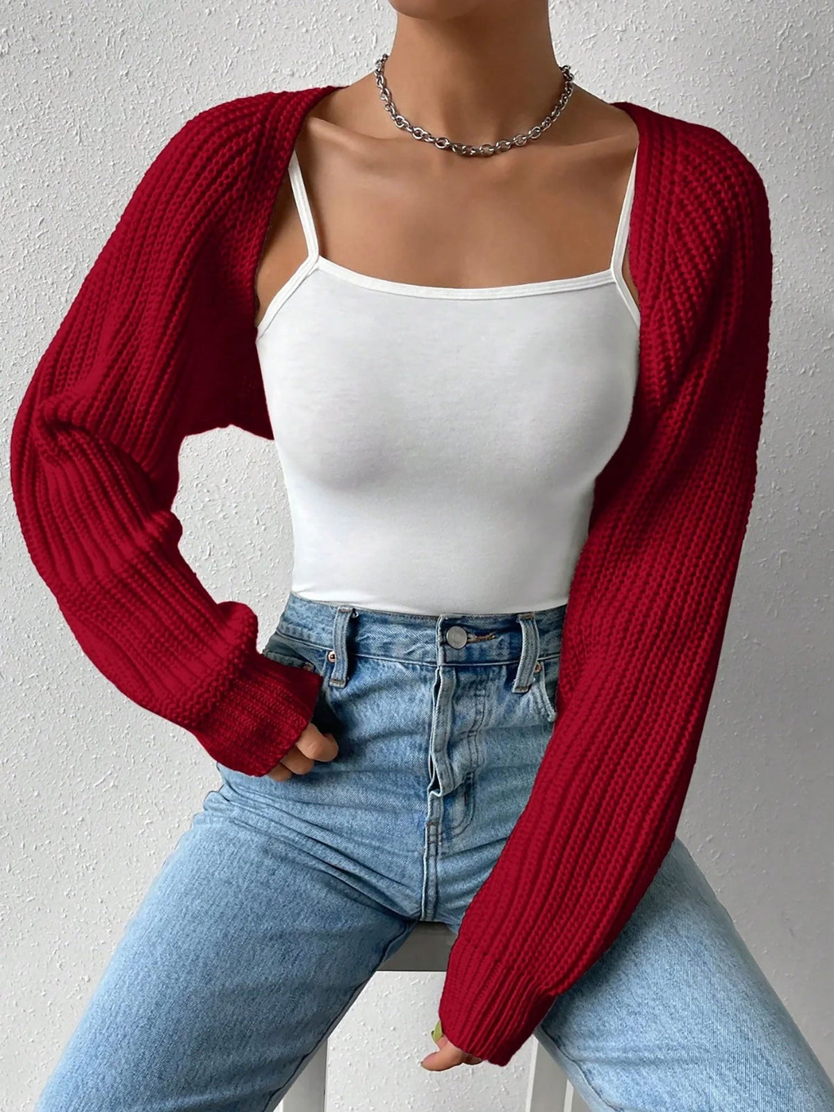 Ribbed Knit Open Front Long Sleeves Cardigan Shrugs