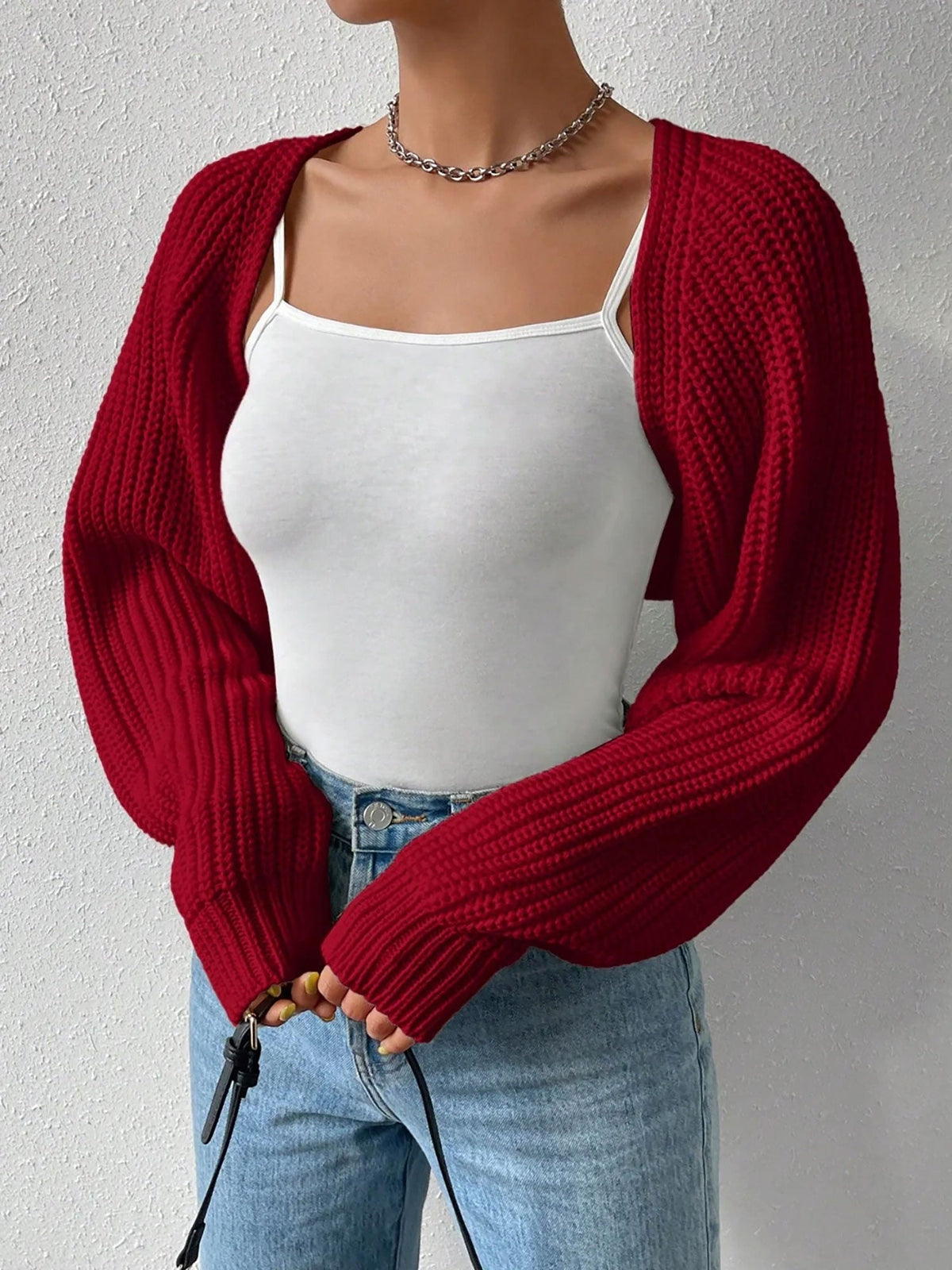 Ribbed Knit Open Front Long Sleeves Cardigan Shrugs