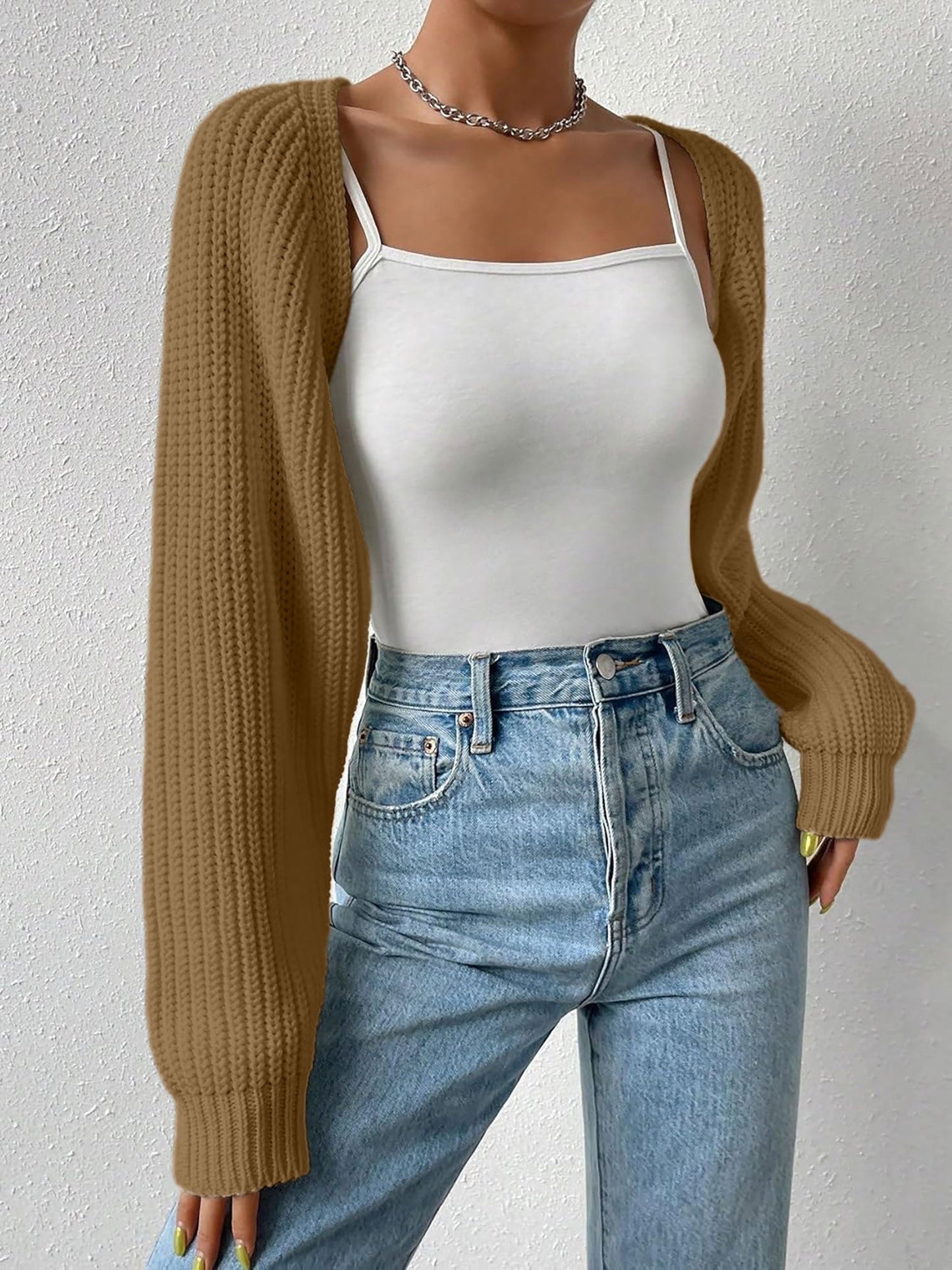 Ribbed Knit Open Front Long Sleeves Cardigan Shrugs