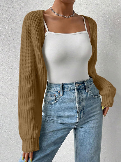 Ribbed Knit Open Front Long Sleeves Cardigan Shrugs