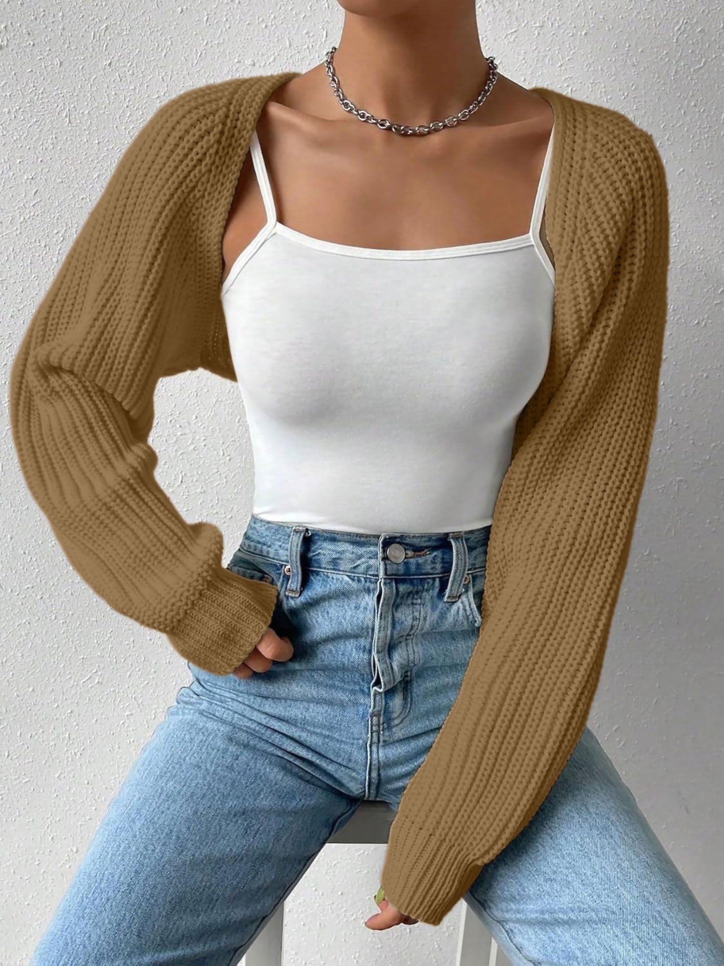 Ribbed Knit Open Front Long Sleeves Cardigan Shrugs