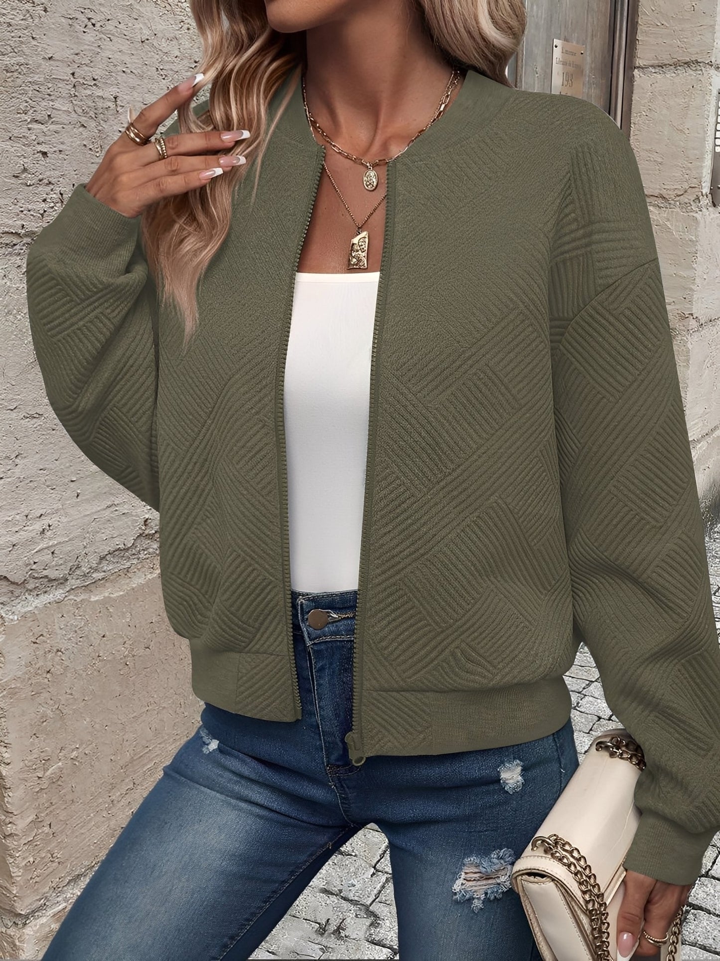Solid Color Zipper Long Sleeves Bomber Jacket