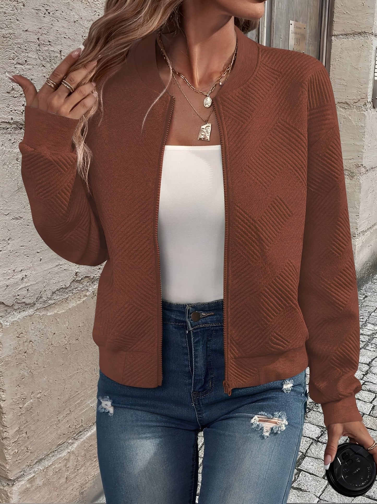 Solid Color Zipper Long Sleeves Bomber Jacket