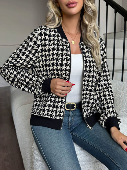 Zipper Long Sleeves Houndstooth Bomber Jacket