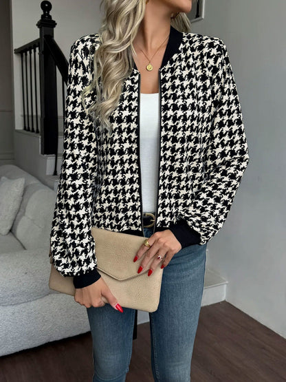 Zipper Long Sleeves Houndstooth Bomber Jacket