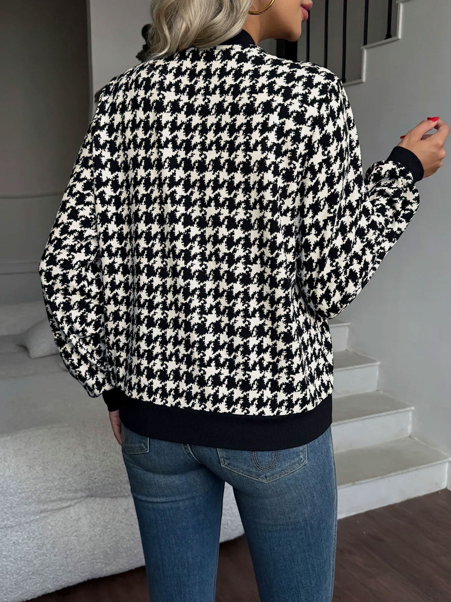 Zipper Long Sleeves Houndstooth Bomber Jacket