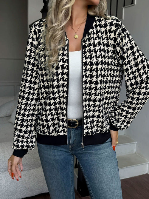 Zipper Long Sleeves Houndstooth Bomber Jacket
