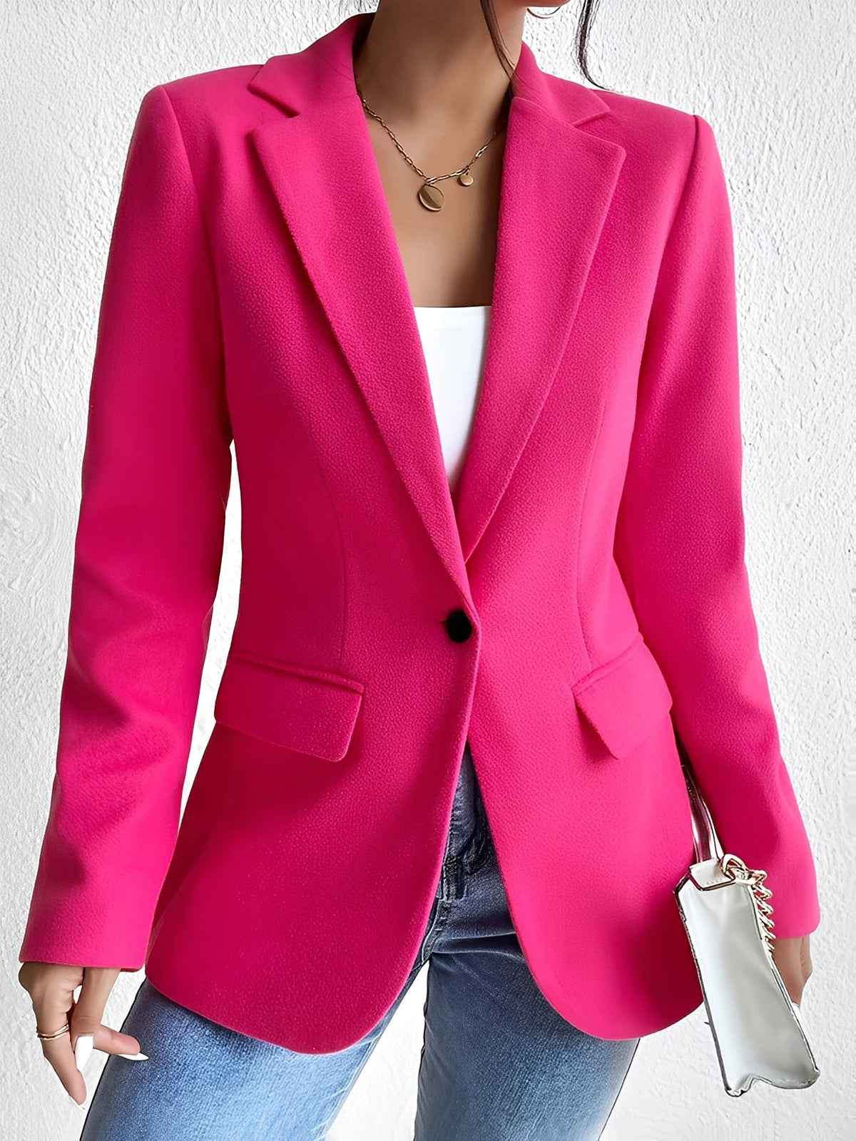 Solid Color Notched Laple One Button Blazer