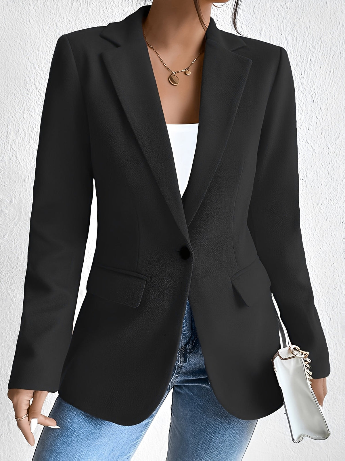 Solid Color Notched Laple One Button Blazer